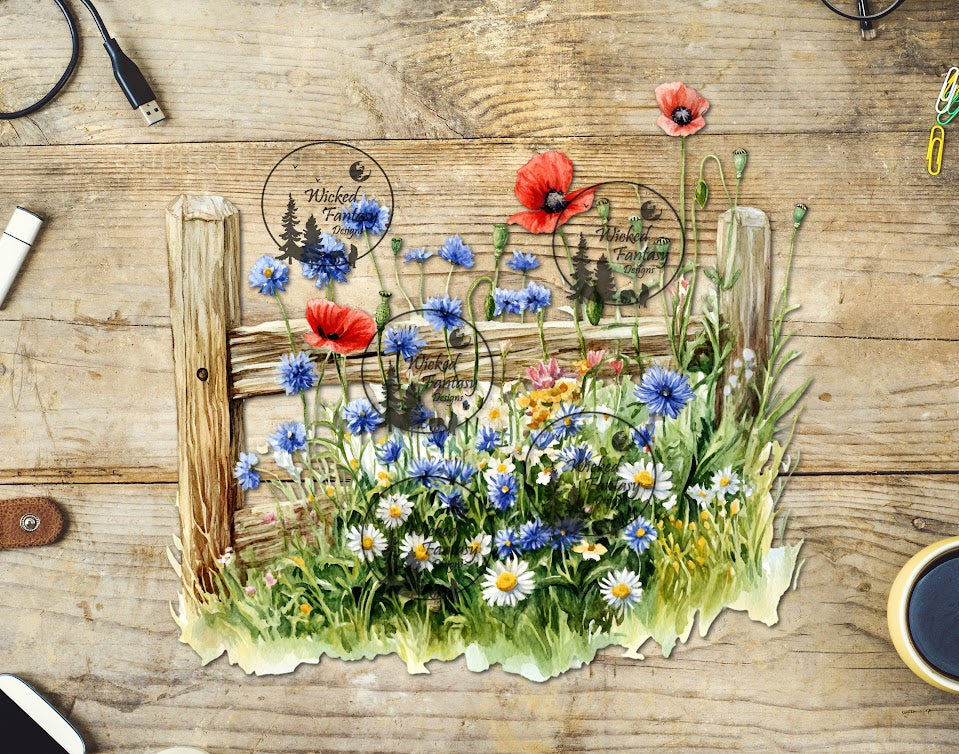 UVDTF Poppies Cornflowers and Daisies on Fence Line