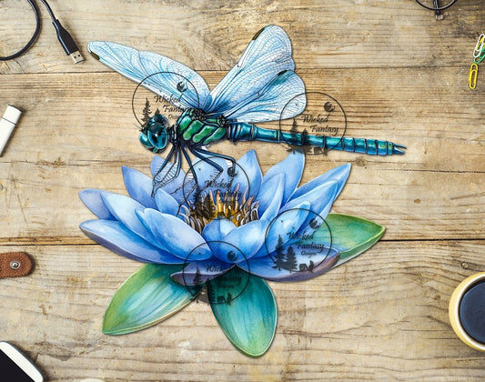 UVDTF Dragonfly on Pale Blue Water Lily