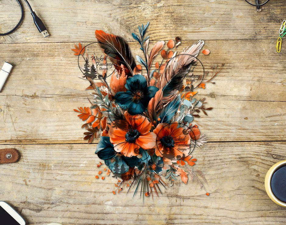 UVDTF Boho Dark Teal and Rust Feathers and Floral Arrangement
