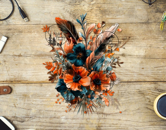 UVDTF Boho Dark Teal and Rust Feathers and Floral Arrangement