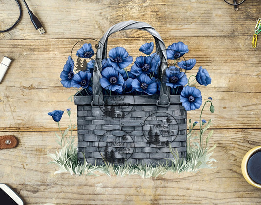 UVDTF Blue Flowers in Grey Basket