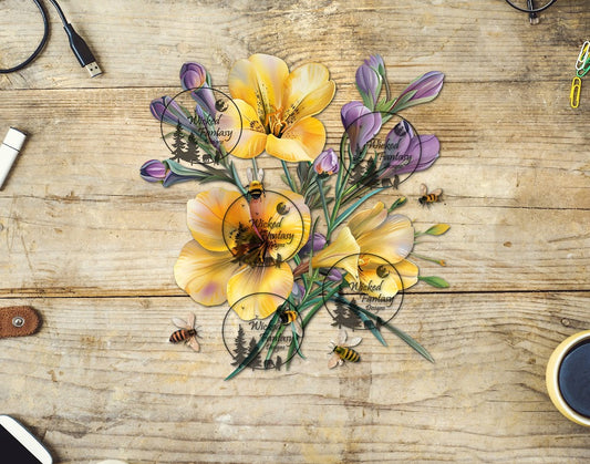 UVDTF Yellow and Violet Flowers with Honey Bees