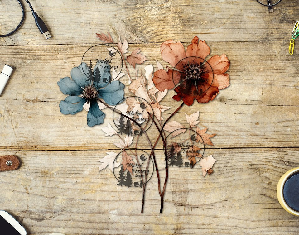 UVDTF Dusty Blue and Rust Flowers