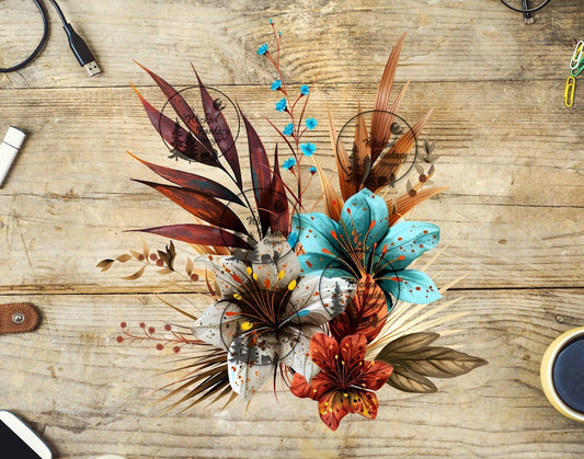 UVDTF Speckled Rust and Teal Lilies Flower Arrangement