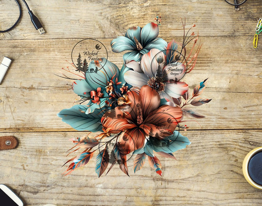 UVDTF Rust and Teal Lilies Flower Arrangement