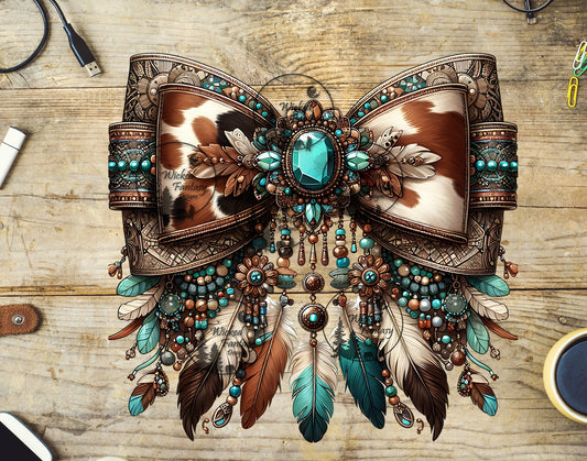 UVDTF Jeweled Cow Print and Leather Bow with Feathers