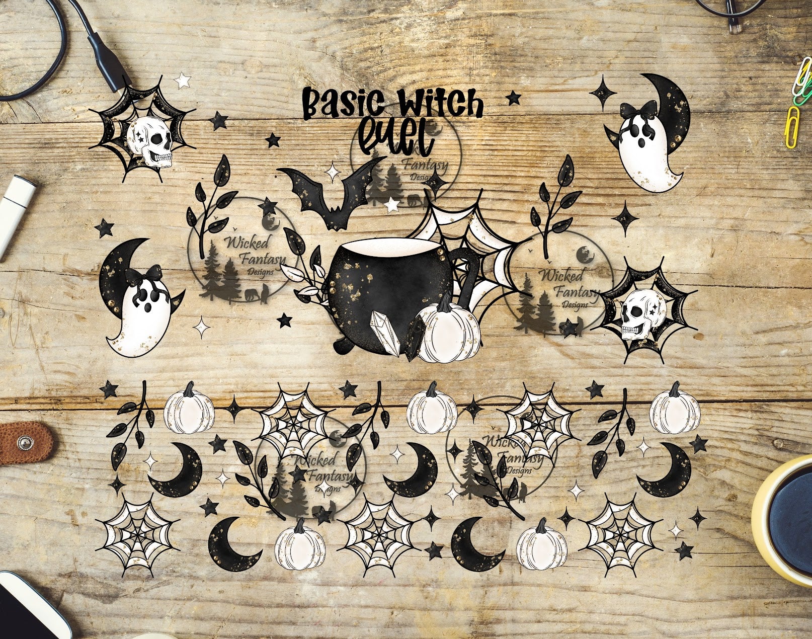 Halloween-themed decals with 'Basic Witch Fuel' text.