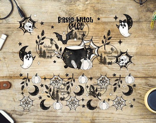 Halloween-themed decals with 'Basic Witch Fuel' text.