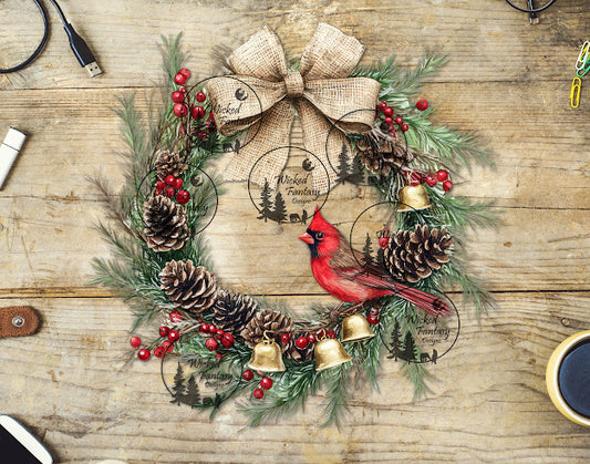 UVDTF Wreath with Cardinal and Burlap Bow