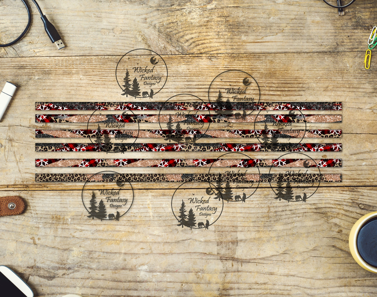 UVDTF Snowflakes Buffalo Plaid and Leopard Print 12"long  Narrow Striping Element