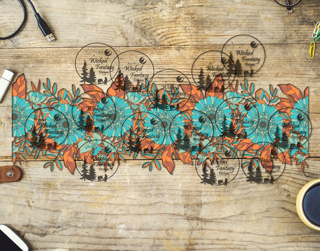 UVDTF Teal Rust Illustrated Floral Border Element 11"