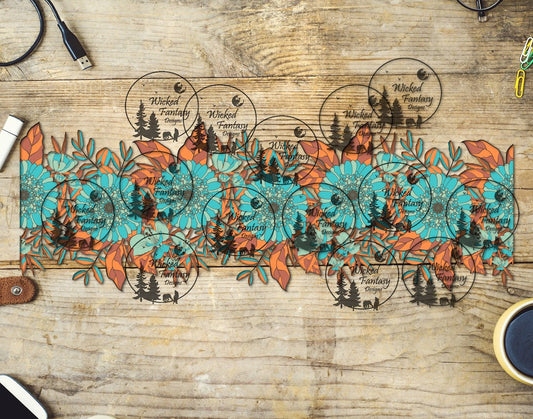 UVDTF Teal Rust Illustrated Floral Border Element 11"