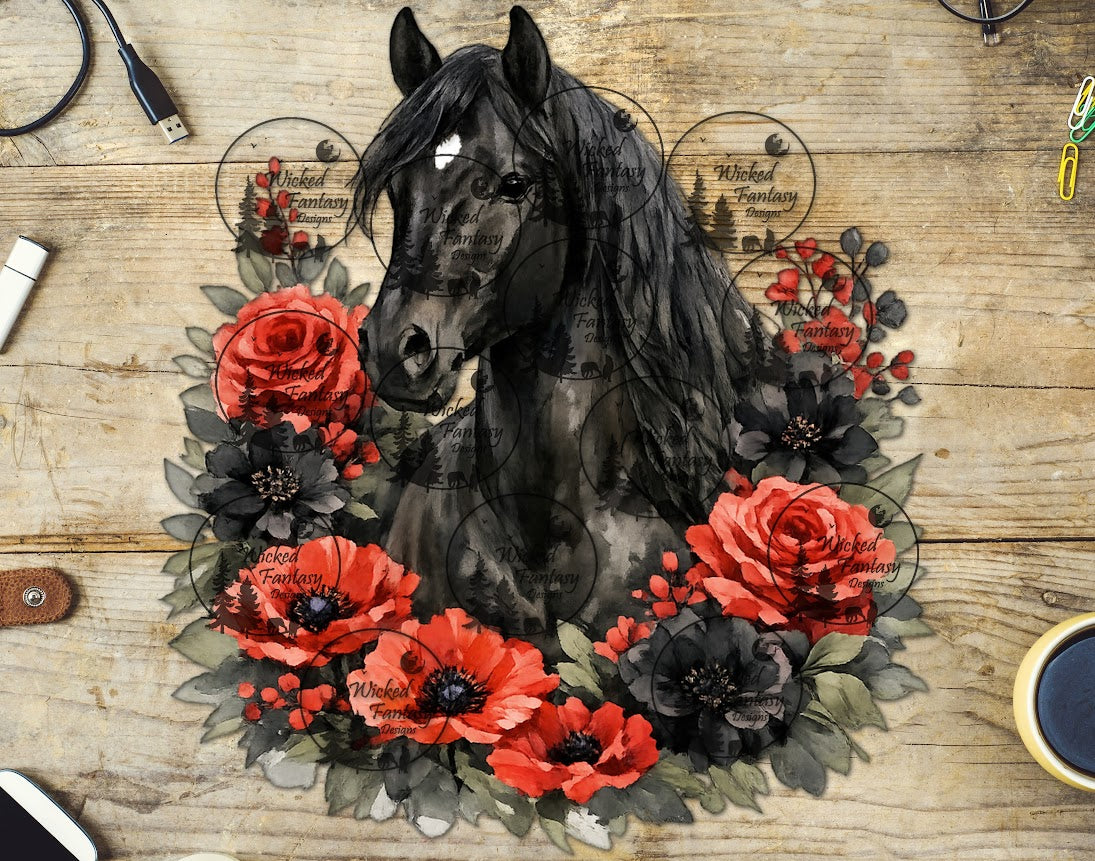 UVDTF Black Horse with Poppies and Red Roses