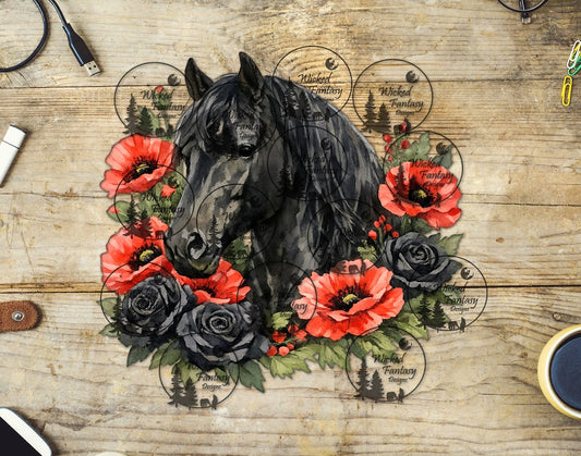 UVDTF Black Horse with Red Poppies and Black Roses