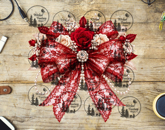 UVDTF Red Lace and Pearls Bow with Roses