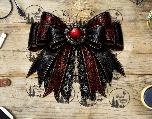 UVDTF Red and Black Tooled Leather Bow
