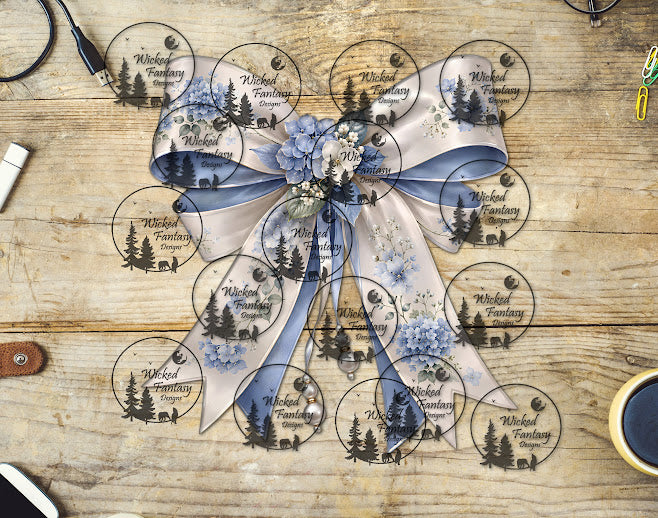 UVDTF Dusty Blue and White Hydrangea Bow