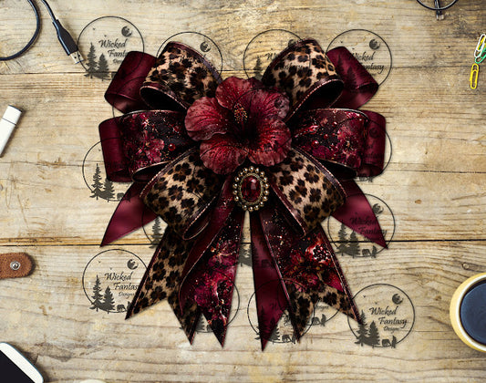 UVDTF Burgundy Hibiscus Leopard Bow