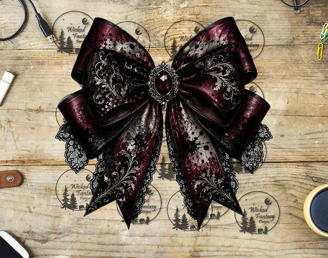 UVDTF Burgundy and Black Jeweled Filagree Lace Bow