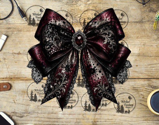 UVDTF Burgundy and Black Jeweled Filagree Lace Bow