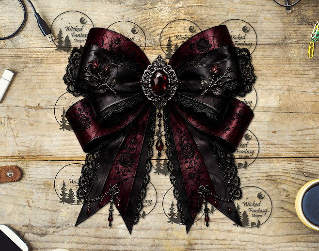 UVDTF Burgundy and Black Jeweled Lace Bow