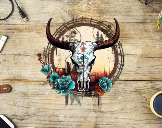 UVDTF Decal Southwestern boho cow skull with stars roses Transparent Background Sticker 1pc