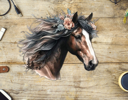 UVDTF Decal Horse with Boho Flowers in Mane 1pc