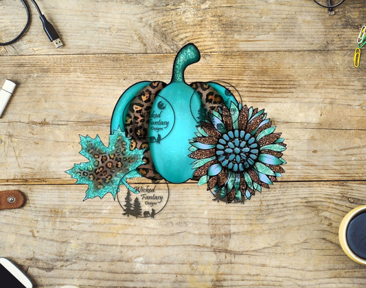 UVDTF Teal and Leopard Print Pumpkin and Sunflower