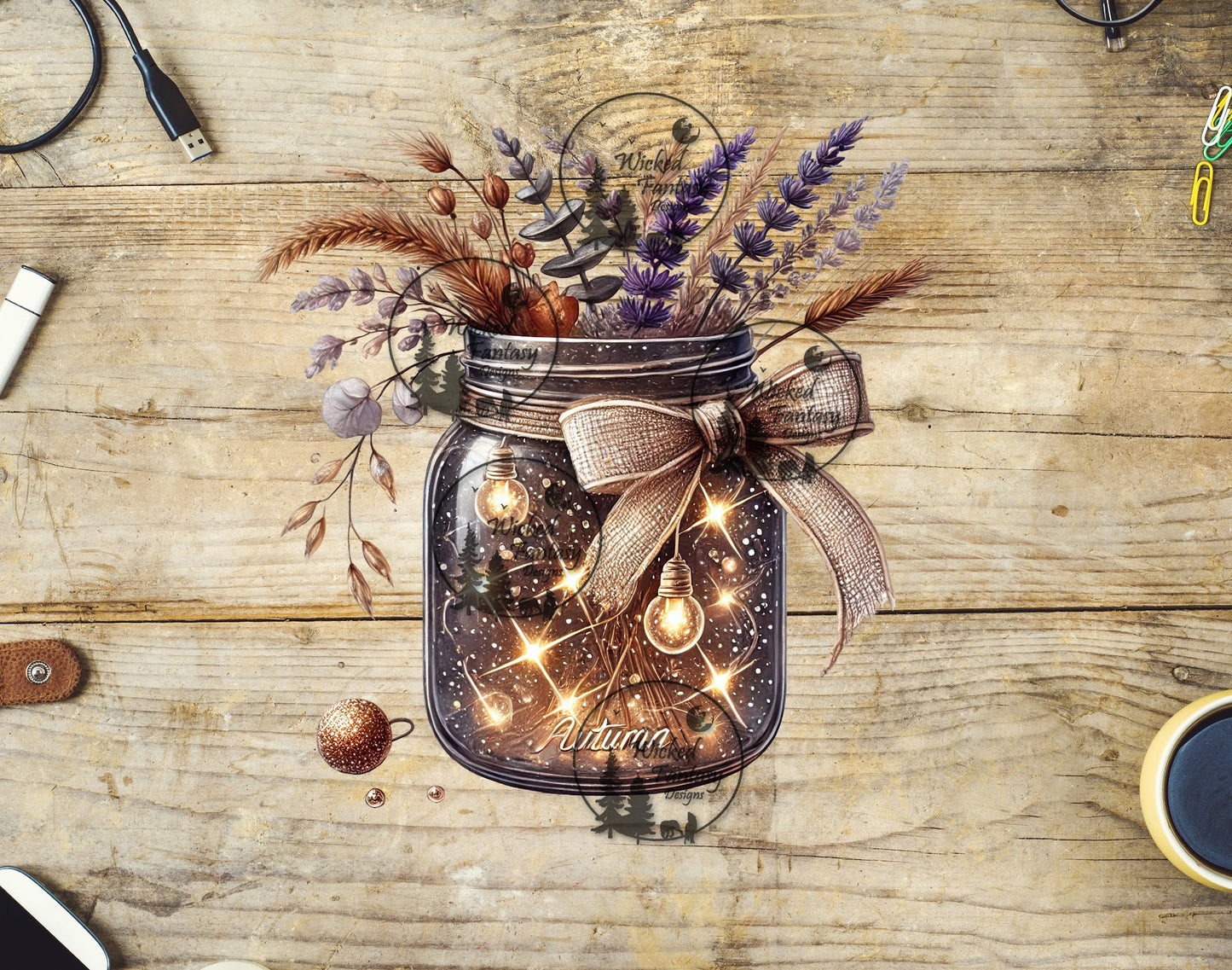 UVDTF Lighted Mason Jar with Lavender and Bow