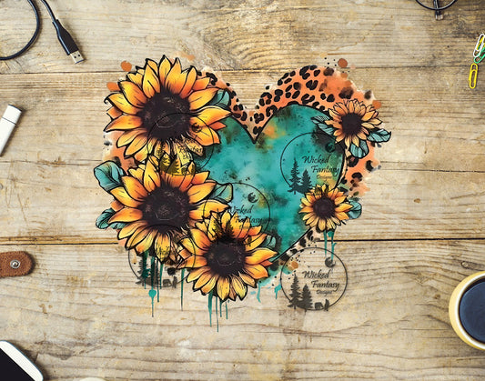UVDTF Sunflower and Turquoise Heart