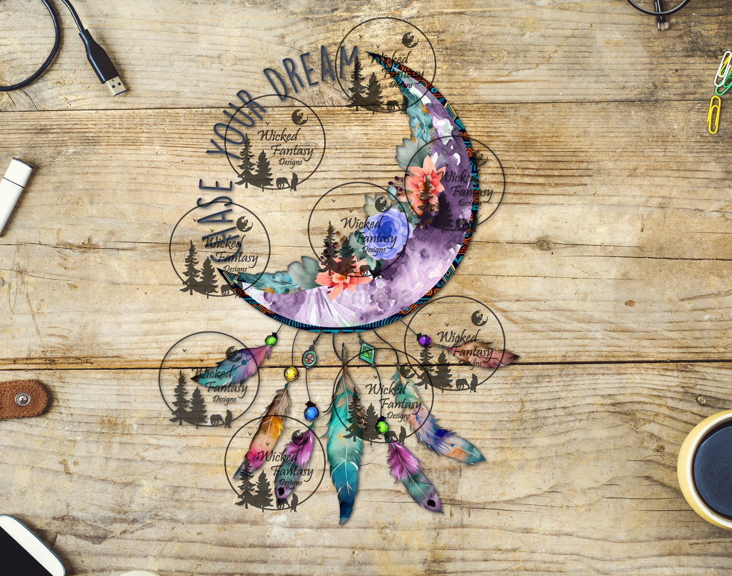 UVDTF Chase Your Dream Crescent Moon Flowers Feathers Dreamcatcher