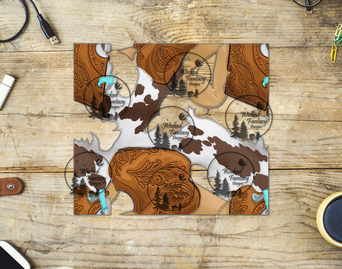 UVDTF Cowhide and Leather Patchwork Swirls 20oz 30oz 10"x10" Element