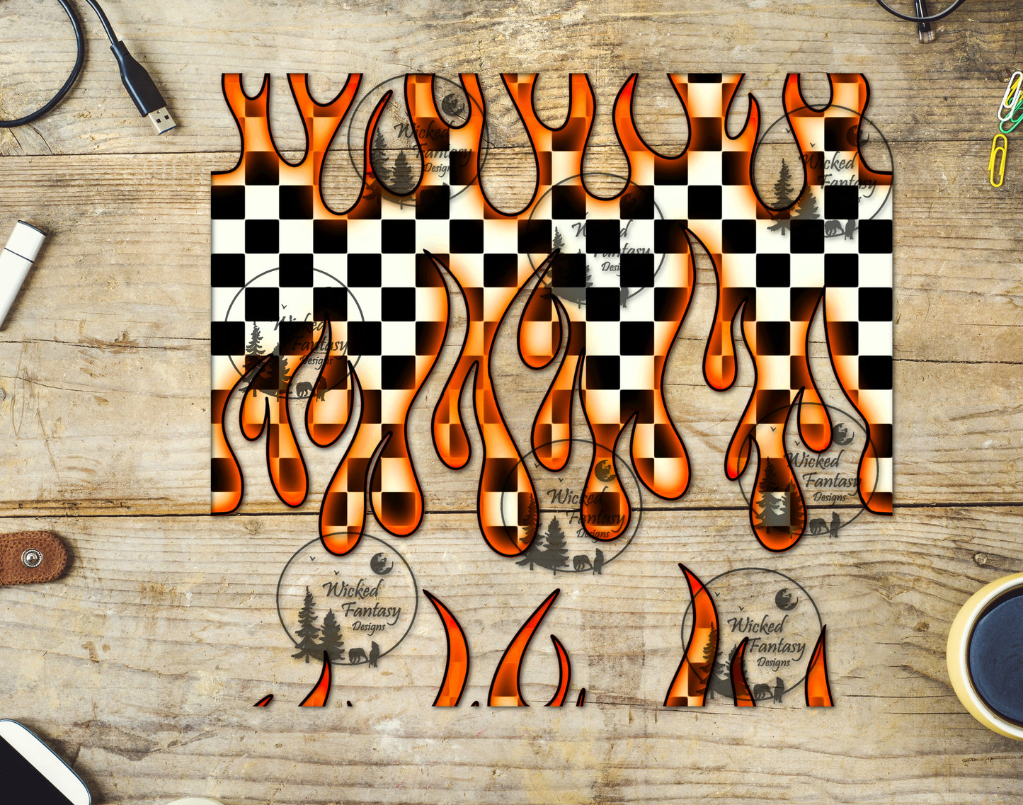 UVDTF Orange Checkered Flames 20oz 30oz 10"x10" Element