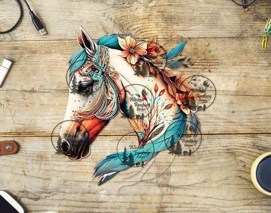 UVDTF Grey Horse with Teal Feathers and Orange Flowers