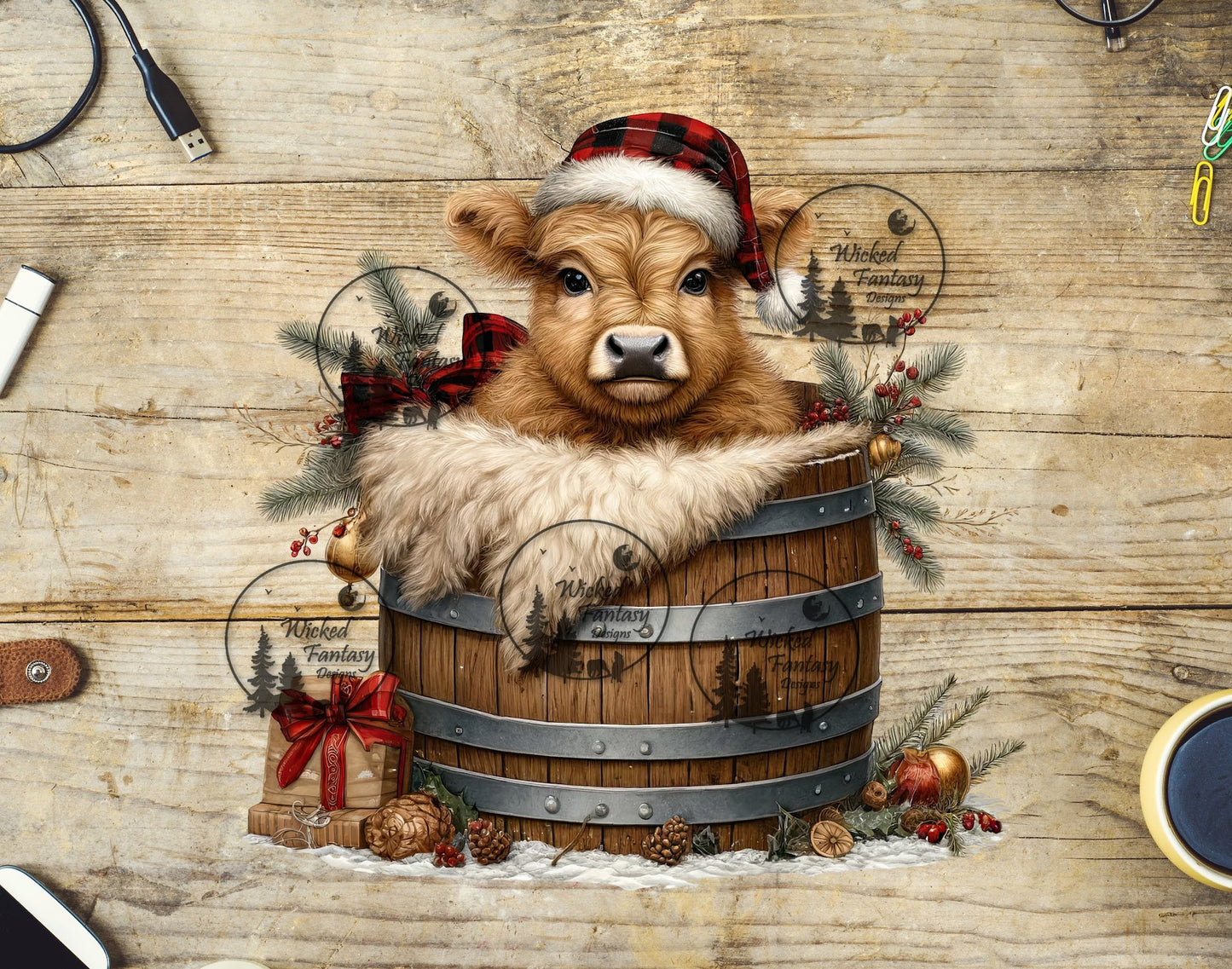 UVDTF Cute Calf with Plaid Hat in a Barrel