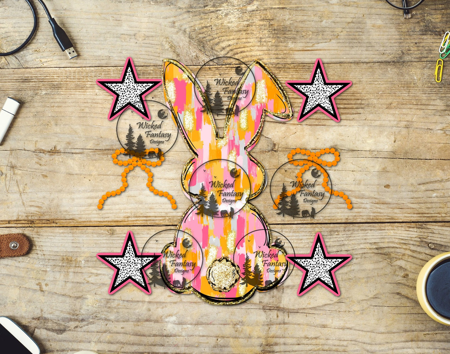 UVDTF Brushstroke Rabbit with Stars and Bows 6x7"