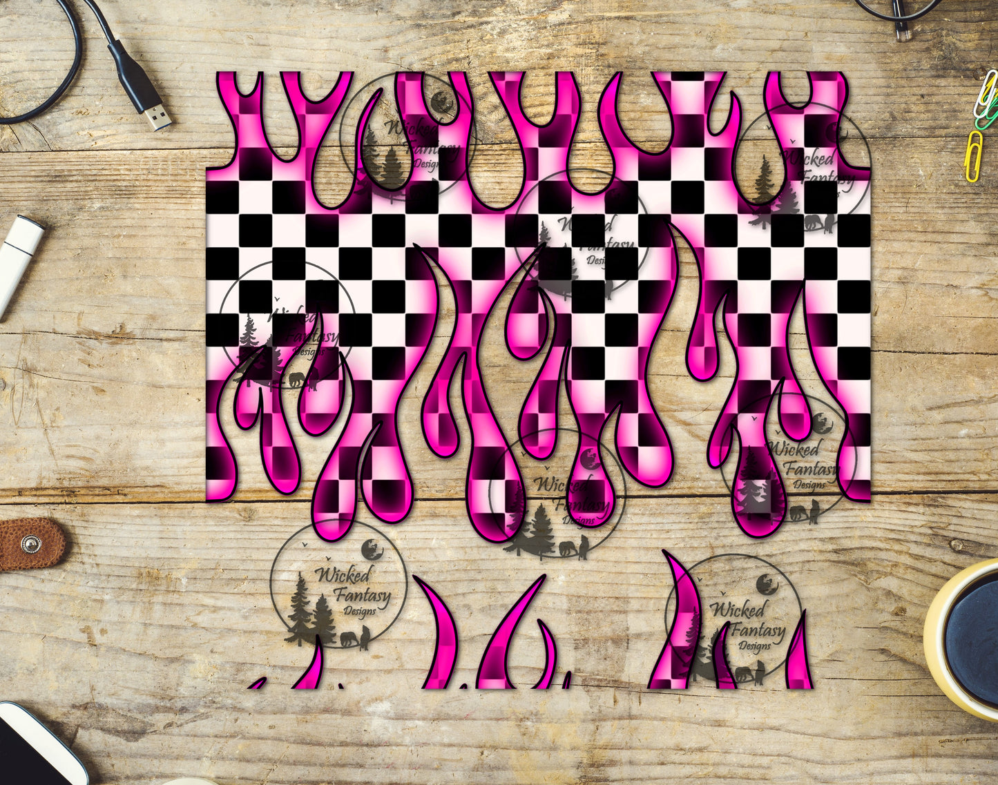 UVDTF Pink Checkered Flames 20oz 30oz 10"x10" Element