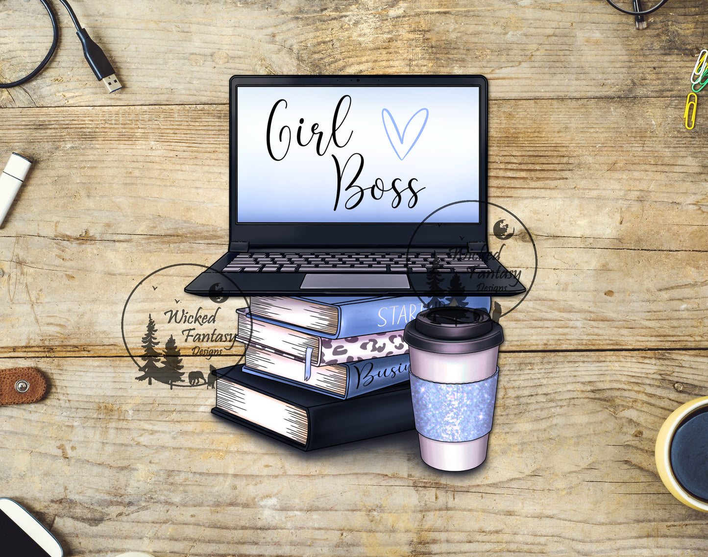 UVDTF Decal Girl Boss Blue Business Books Coffee Laptop 1pc