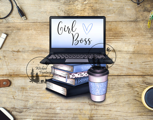 UVDTF Decal Girl Boss Blue Business Books Coffee Laptop 1pc