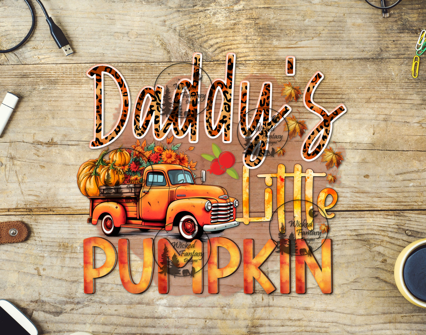 UVDTF Decal Daddy's Little Pumpkin Autumn Fall Harvest Farm Truck Transparent Background Sticker 1pc