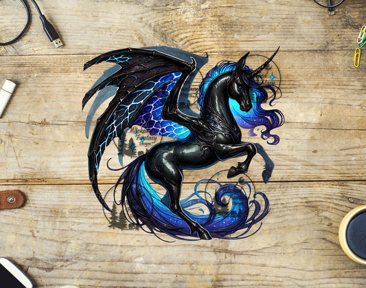 UVDTF Black Pegasus Unicorn with Aqua Wings