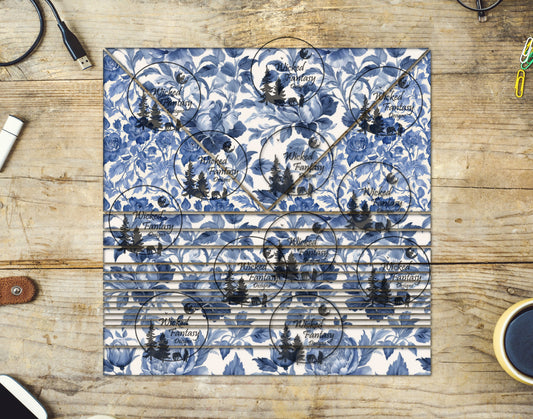 UVDTF Blue Chinoiserie Roses 20oz 30oz 10"x10" Triangles and Striping Element Sheet
