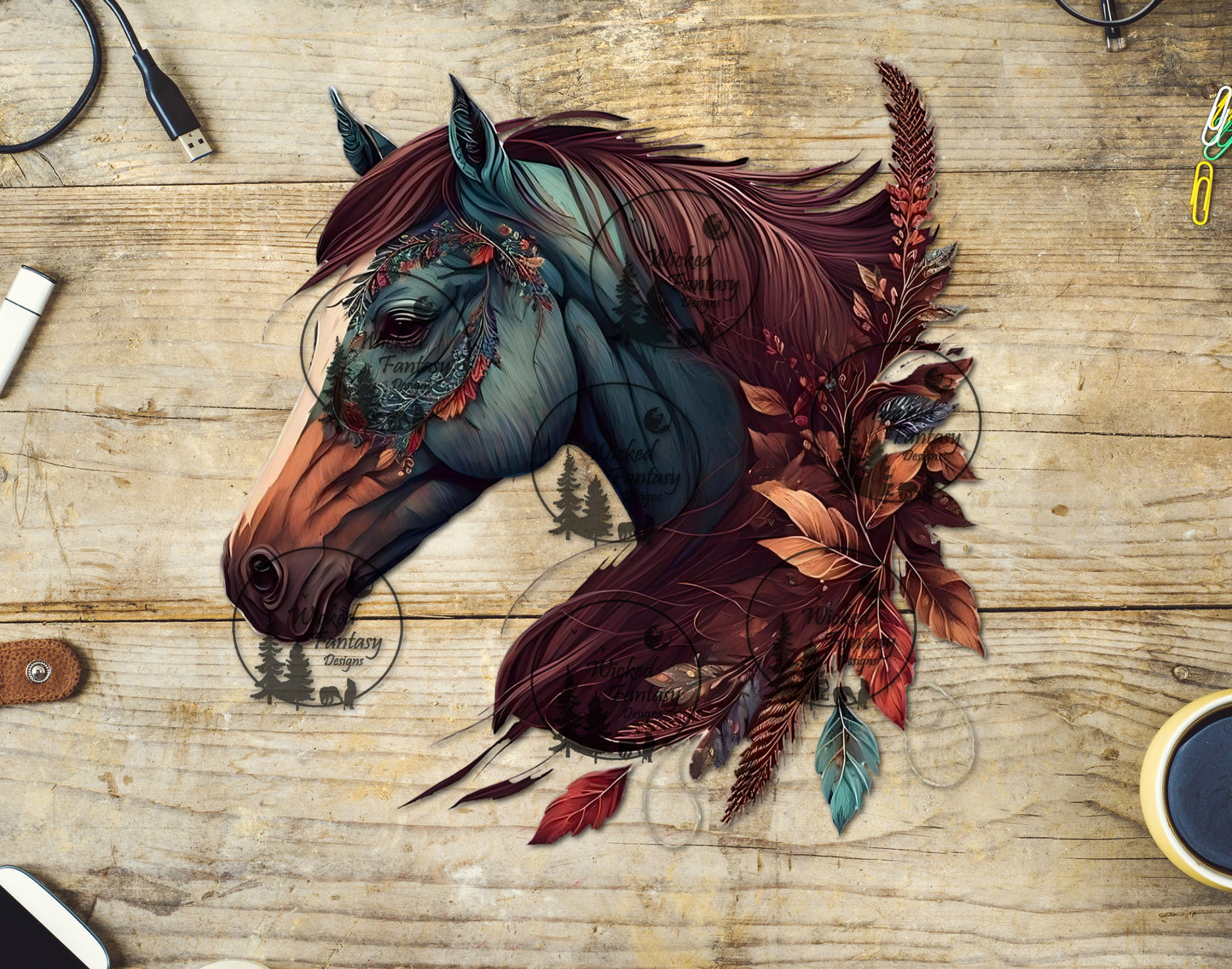 UVDTF Black Horse with Burgundy and Teal Feathers