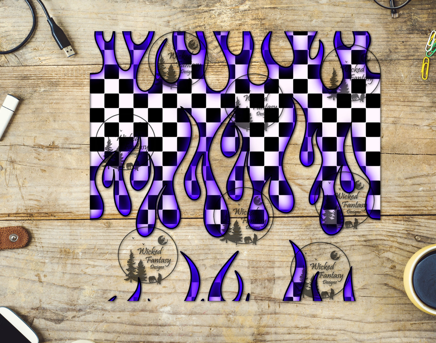 UVDTF Purple Checkered Flames 20oz 30oz 10"x10" Element