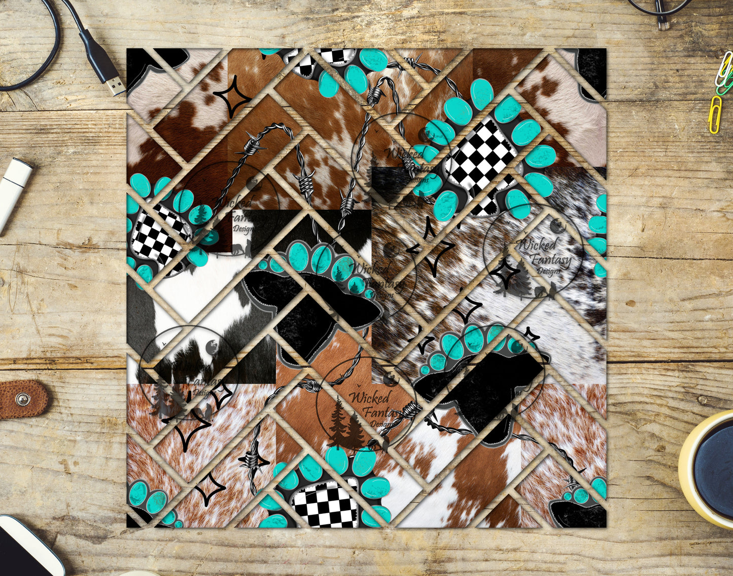 UVDTF Cow Print Conchos Herringbone 20oz 30oz 10"x10"