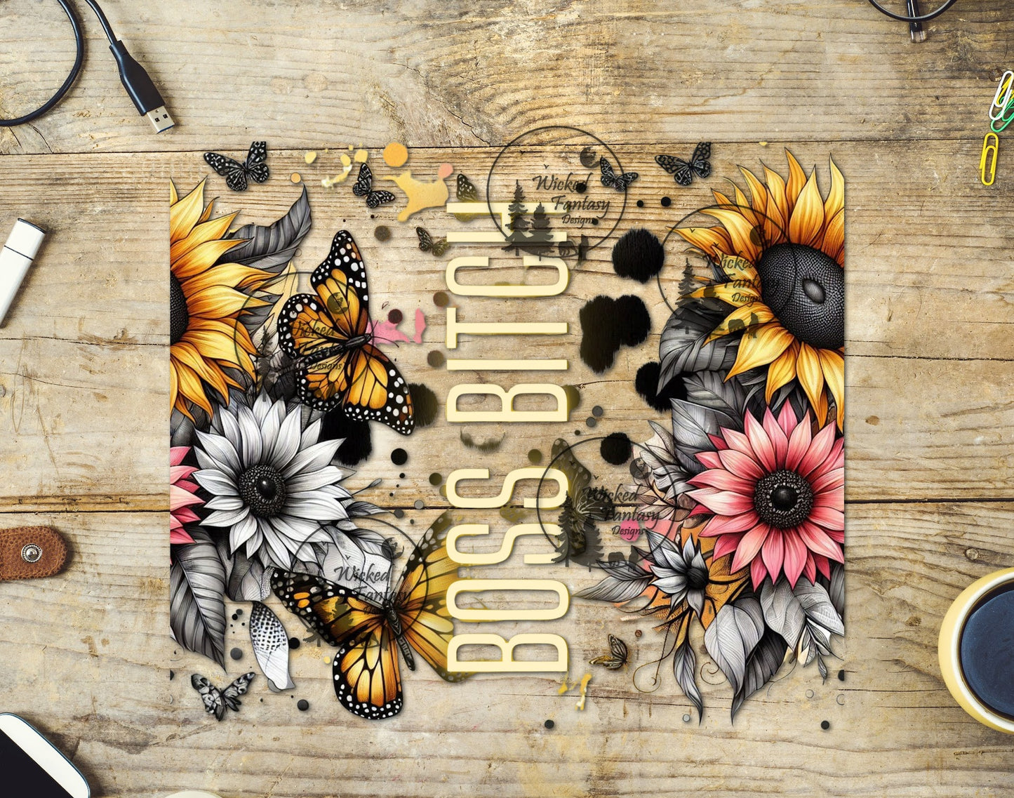 UVDTF Boss B*tch Sunflowers Butterflies Tumbler Wrap 20oz 30oz 10"x10" Element