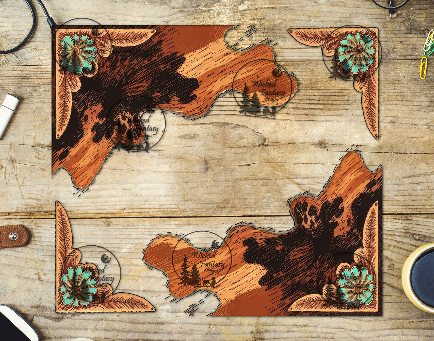 UVDTF Illustrated Cow Print and Leather 20oz 30oz 10"x10"