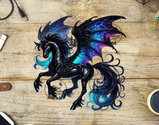 UVDTF Black Pegasus Unicorn with Purple and Aqua Wings