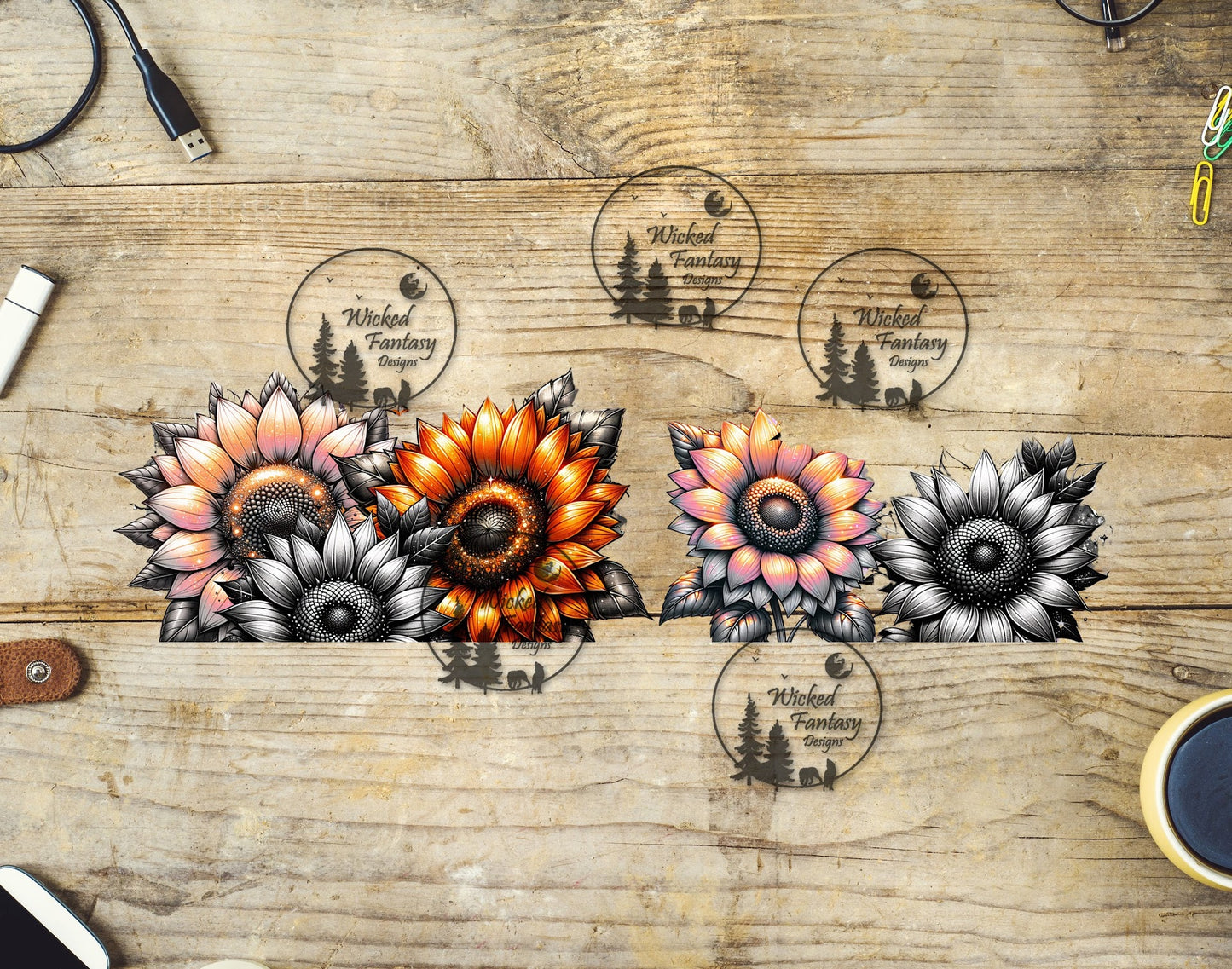 UVDTF Pink Orange and Grey Sunflowers 16oz 40oz Tumbler Wrap Element