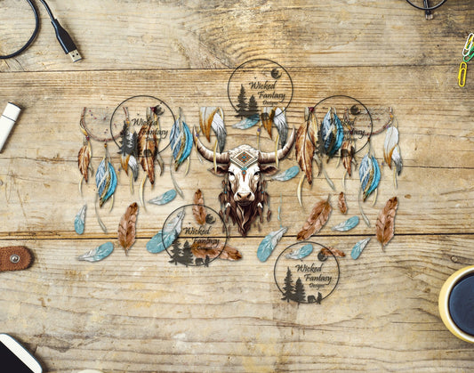 UVDTF Cow with Dream Catchers and Feathers 16oz 40oz Tumbler Wrap Element